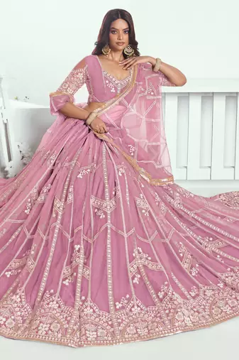 pink thread embroidered work net wedding lehenga set choli with dupatta
