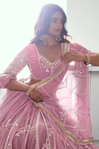 pink thread embroidered work net wedding lehenga set choli with dupatta