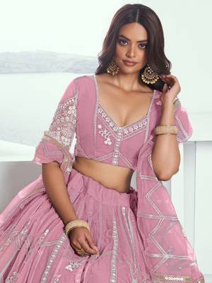 pink thread embroidered work net wedding lehenga set choli with dupatta 4