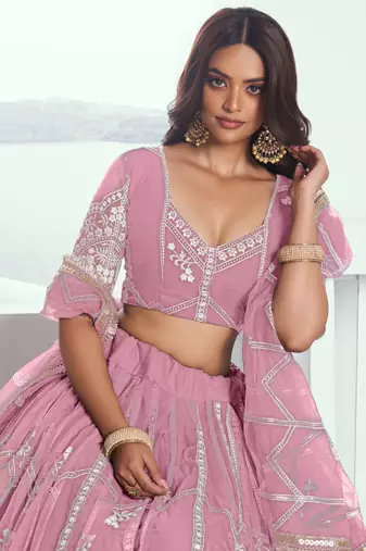 pink thread embroidered work net wedding lehenga set choli with dupatta