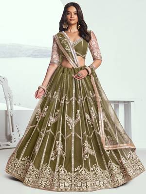 olive green sequins net mehendi lehenga set choli with dupatta 1