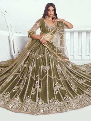 olive green sequins net mehendi lehenga set choli with dupatta 2