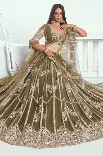 olive green sequins net mehendi lehenga set choli with dupatta