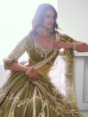 olive green sequins net mehendi lehenga set choli with dupatta 3
