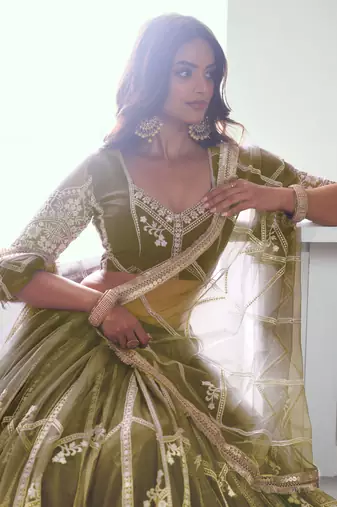 olive green sequins net mehendi lehenga set choli with dupatta