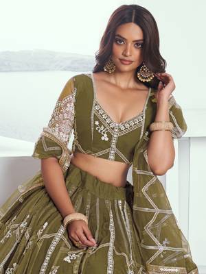 olive green sequins net mehendi lehenga set choli with dupatta 4
