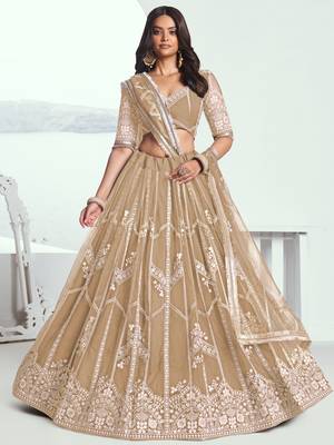 beige thread work net lehenga set choli with dupatta with dupatta 1