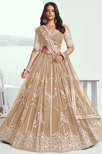 Beige Thread Work Net Designer Lehenga Choli With Dupatta