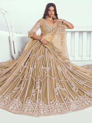 beige thread work net lehenga set choli with dupatta with dupatta 2