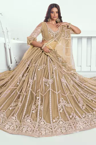 beige thread work net lehenga set choli with dupatta with dupatta