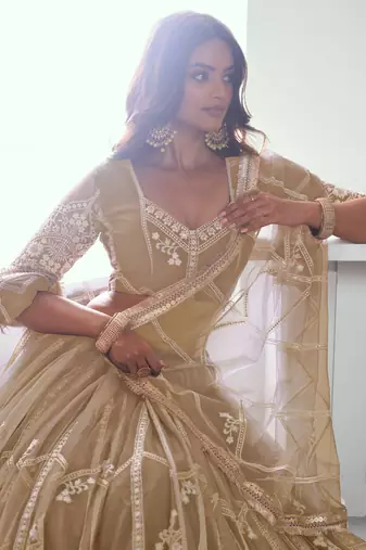 beige thread work net lehenga set choli with dupatta with dupatta