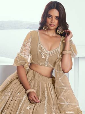 beige thread work net lehenga set choli with dupatta with dupatta 4