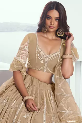 beige thread work net lehenga set choli with dupatta with dupatta