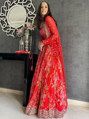 red thread embroidered georgette lehenga set choli with dupatta with jacket 1