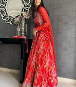 Red Thread Embroidered Georgette Lehenga Choli With Jacket