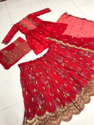 red thread embroidered georgette lehenga set choli with dupatta with jacket 2