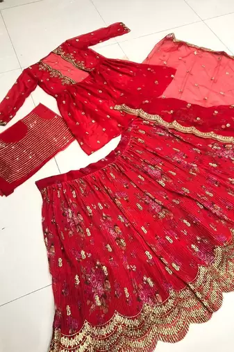 red thread embroidered georgette lehenga set choli with dupatta with jacket
