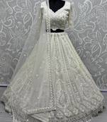 White Pearl Work Net Party Wear Lehenga Choli With Dupatta