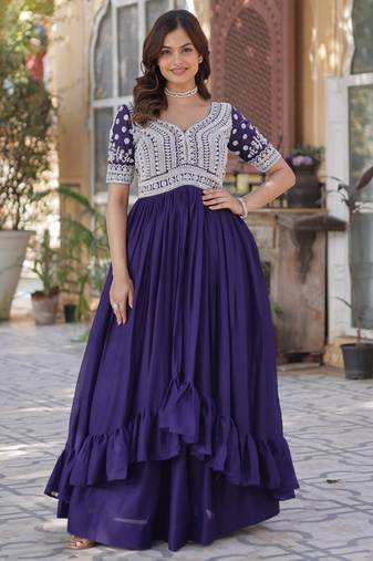 Purple Bead Work Georgette Readymade Lehenga With Kurti