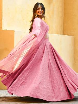 baby pink georgette party lehenga set choli with dupatta 3