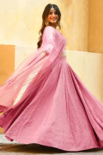 baby pink georgette party lehenga set choli with dupatta