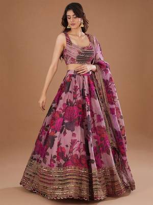 pink floral printed organza lehenga set choli with dupatta 1