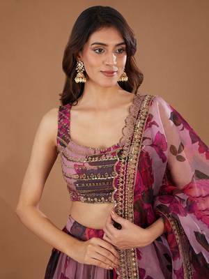 pink floral printed organza lehenga set choli with dupatta 2