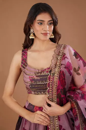 pink floral printed organza lehenga set choli with dupatta