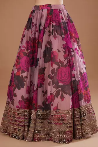 pink floral printed organza lehenga set choli with dupatta