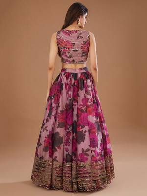 pink floral printed organza lehenga set choli with dupatta 4