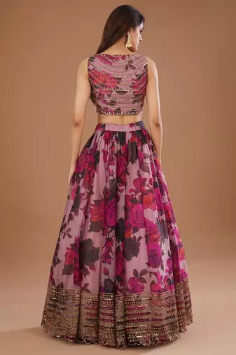 pink floral printed organza lehenga set choli with dupatta