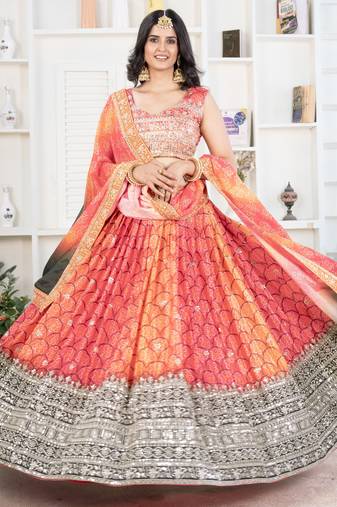 Multi-Color Bandhni Printed Chinon Silk Lehenga Choli With Dupatta