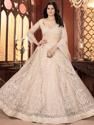 beige thread work net lehenga set choli with dupatta with dupatta 1
