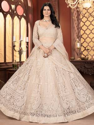 beige thread work net lehenga set choli with dupatta with dupatta 3