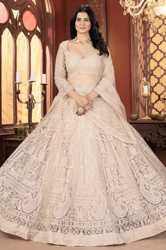 beige thread work net lehenga set choli with dupatta with dupatta