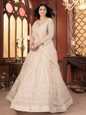 beige thread work net lehenga set choli with dupatta with dupatta 4