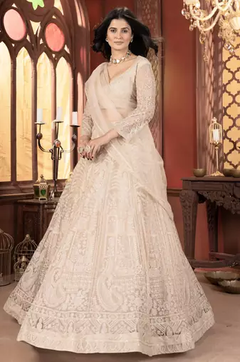 beige thread work net lehenga set choli with dupatta with dupatta