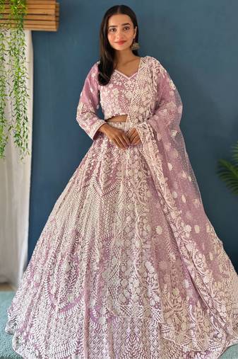 Lilac Pearl Work Net Reception Wear Lehenga Choli