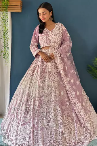  Lavender Embroidered Net Lehenga Choli Set
