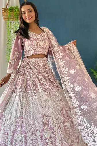  Lavender Embroidered Net Lehenga Choli Set