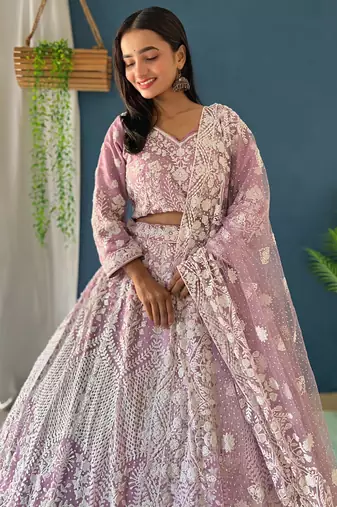  Lavender Embroidered Net Lehenga Choli Set