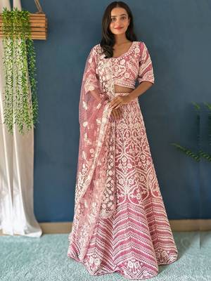 pink pearl work net lehenga set choli with dupatta with dupatta 1