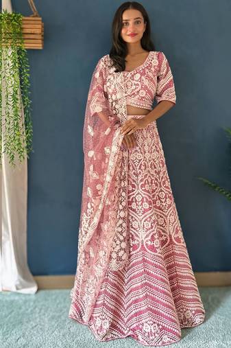 Pink Pearl Work Net Wedding Wear Lehenga Choli With Dupatta