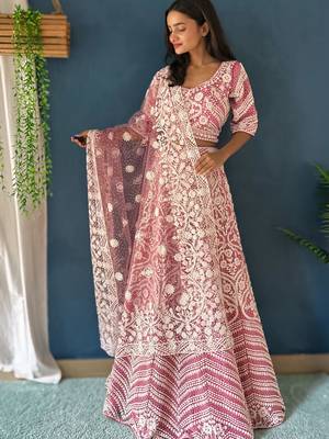 pink pearl work net lehenga set choli with dupatta with dupatta 3