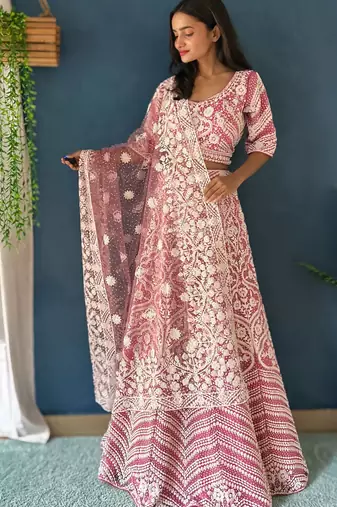 pink pearl work net lehenga set choli with dupatta with dupatta