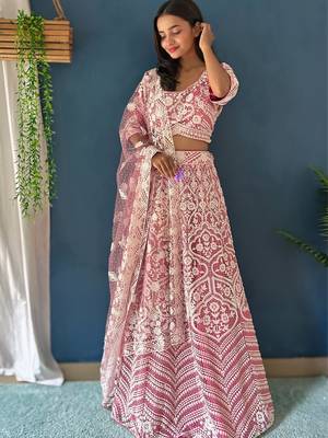 pink pearl work net lehenga set choli with dupatta with dupatta 4