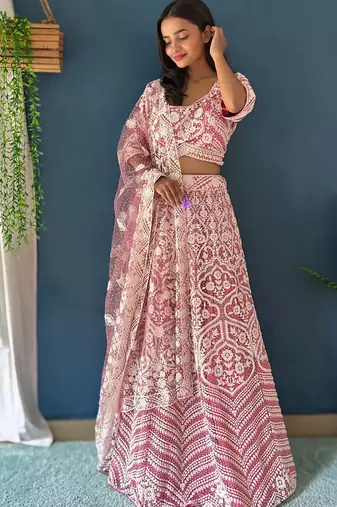 pink pearl work net lehenga set choli with dupatta with dupatta