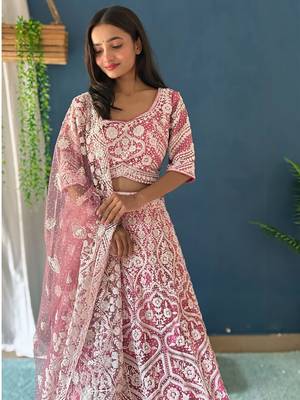 pink pearl work net lehenga set choli with dupatta with dupatta 5