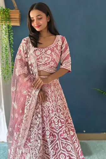 pink pearl work net lehenga set choli with dupatta with dupatta