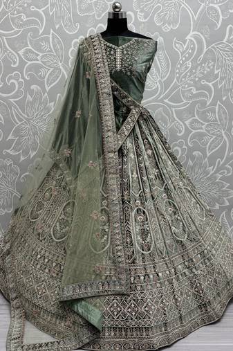 Green Sequins Velvet Bridal Lehenga Choli With Double Dupatta